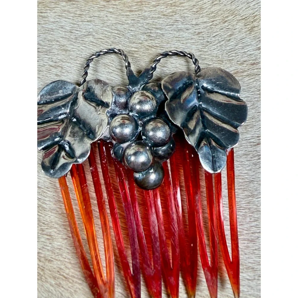 Vintage Sterling Silver Cluster Leaf Hair Comb Amber Translucent Accessoryng